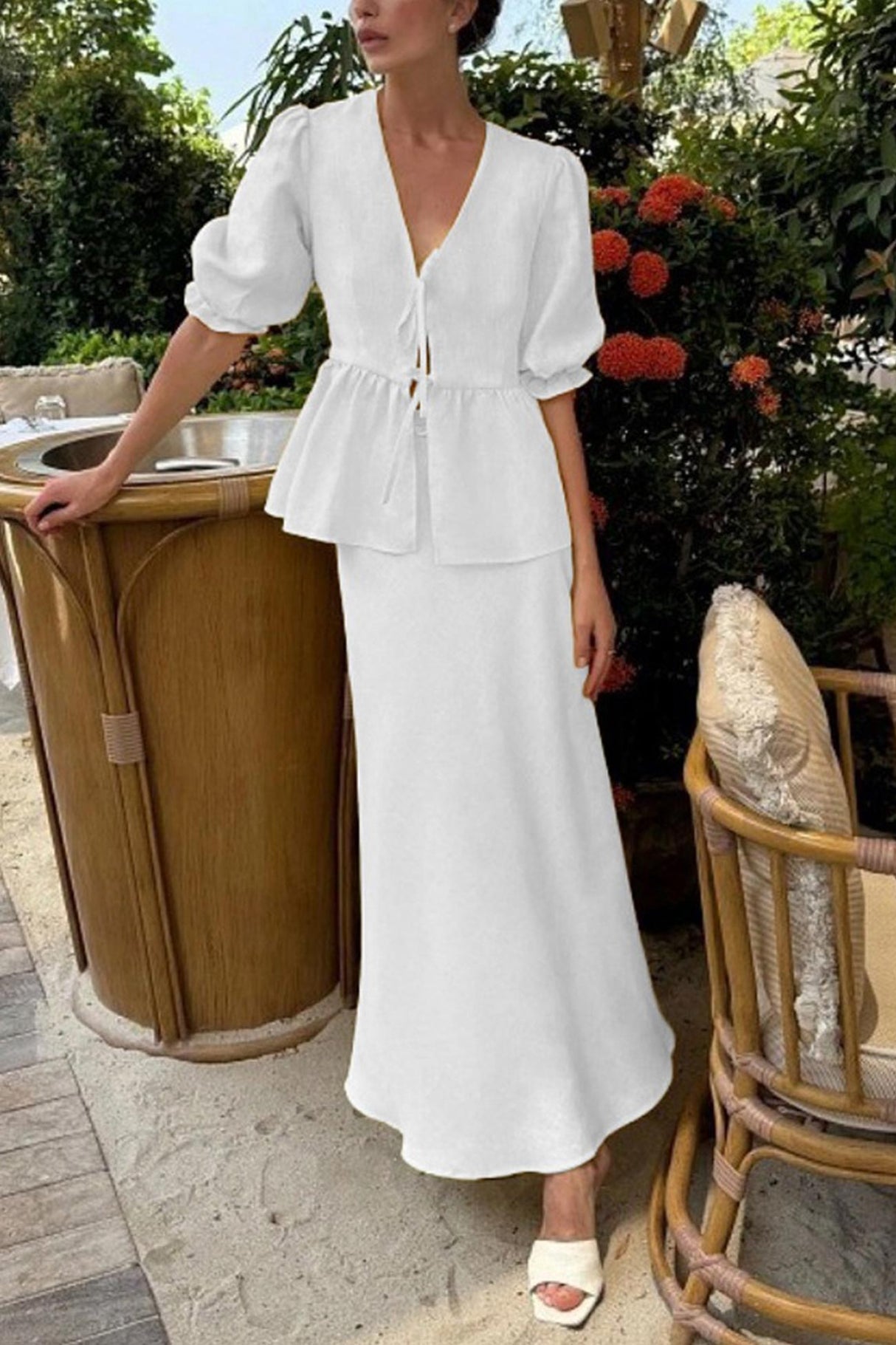 Puff Sleeve Tie-up Ruffle Cotton Shirt Skirt Set