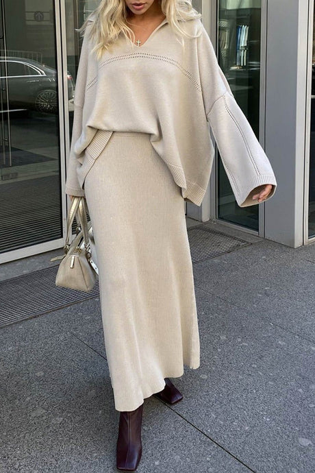 Lapel V Neck Sweater Skirt Set