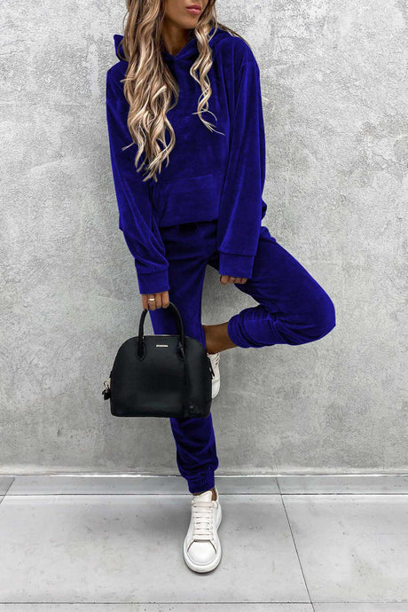 Velour Solid Color Hoodie Long Pants Set