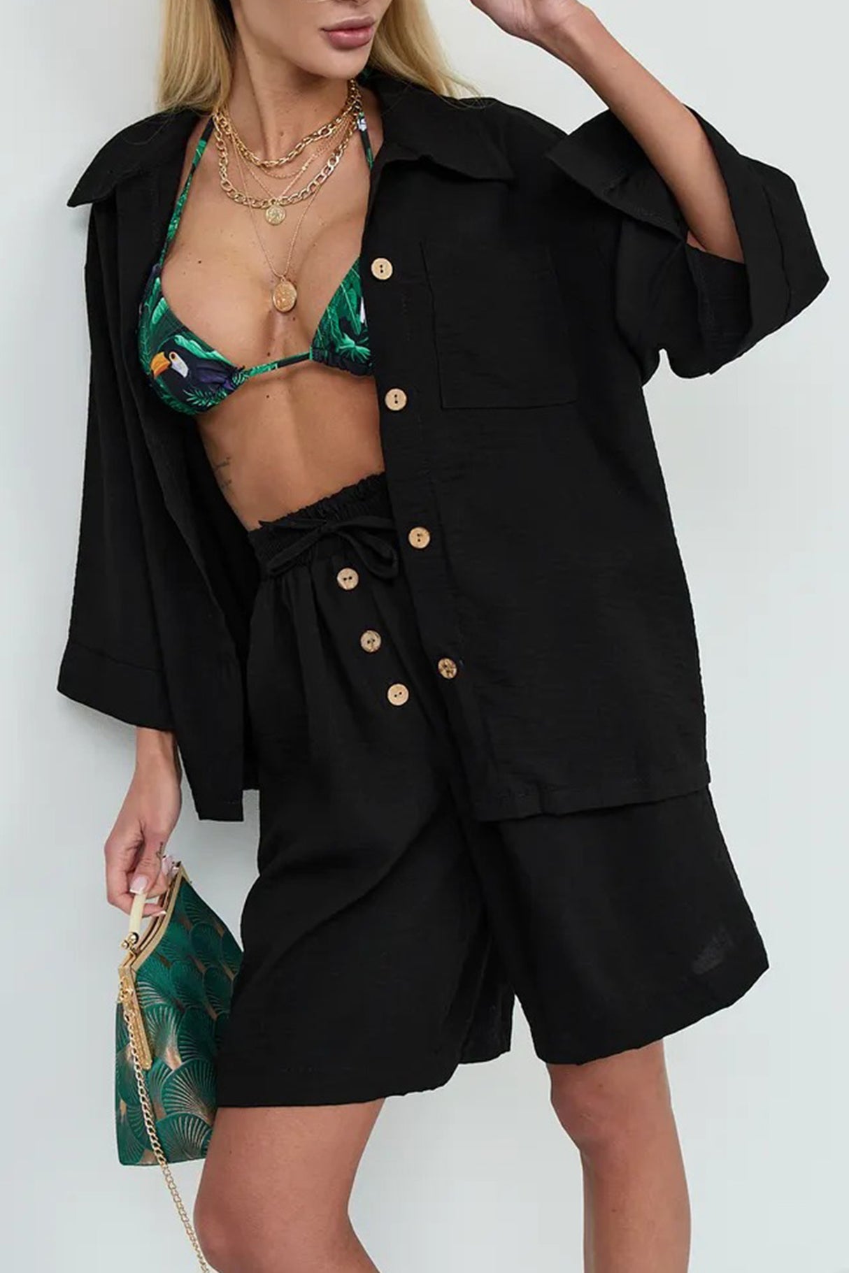 Solid Color Shirt Single-breasted Bermuda Shorts Set