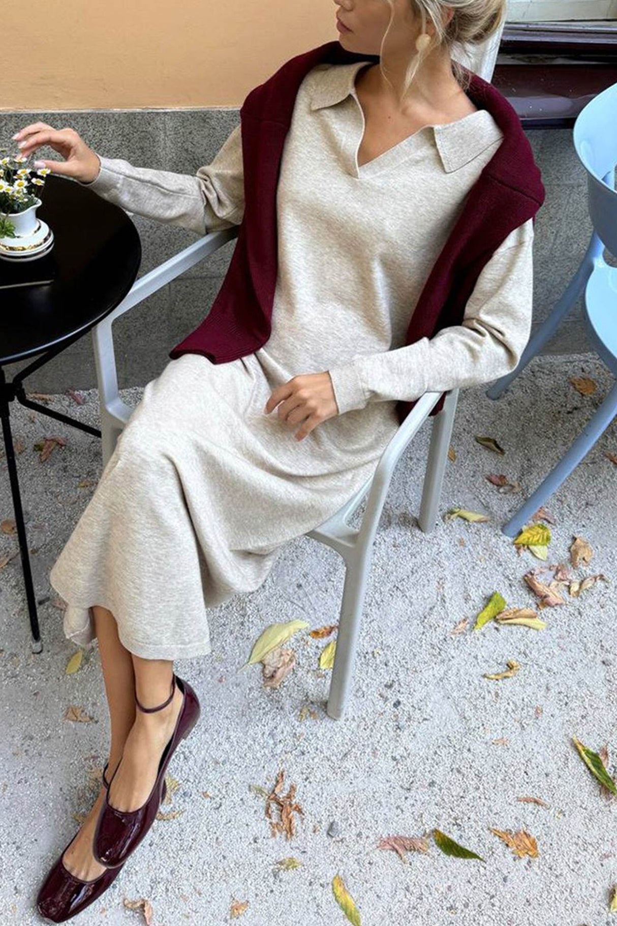 Lapel Long Sleeve Loose Knit Dress