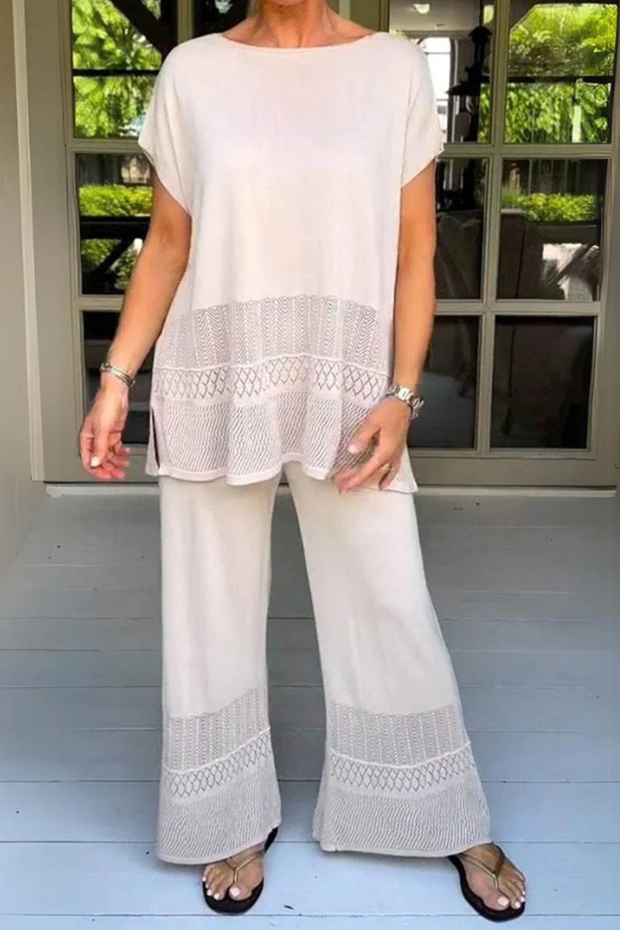 Solid Color Hollow Out Knit Two-piece Outfit