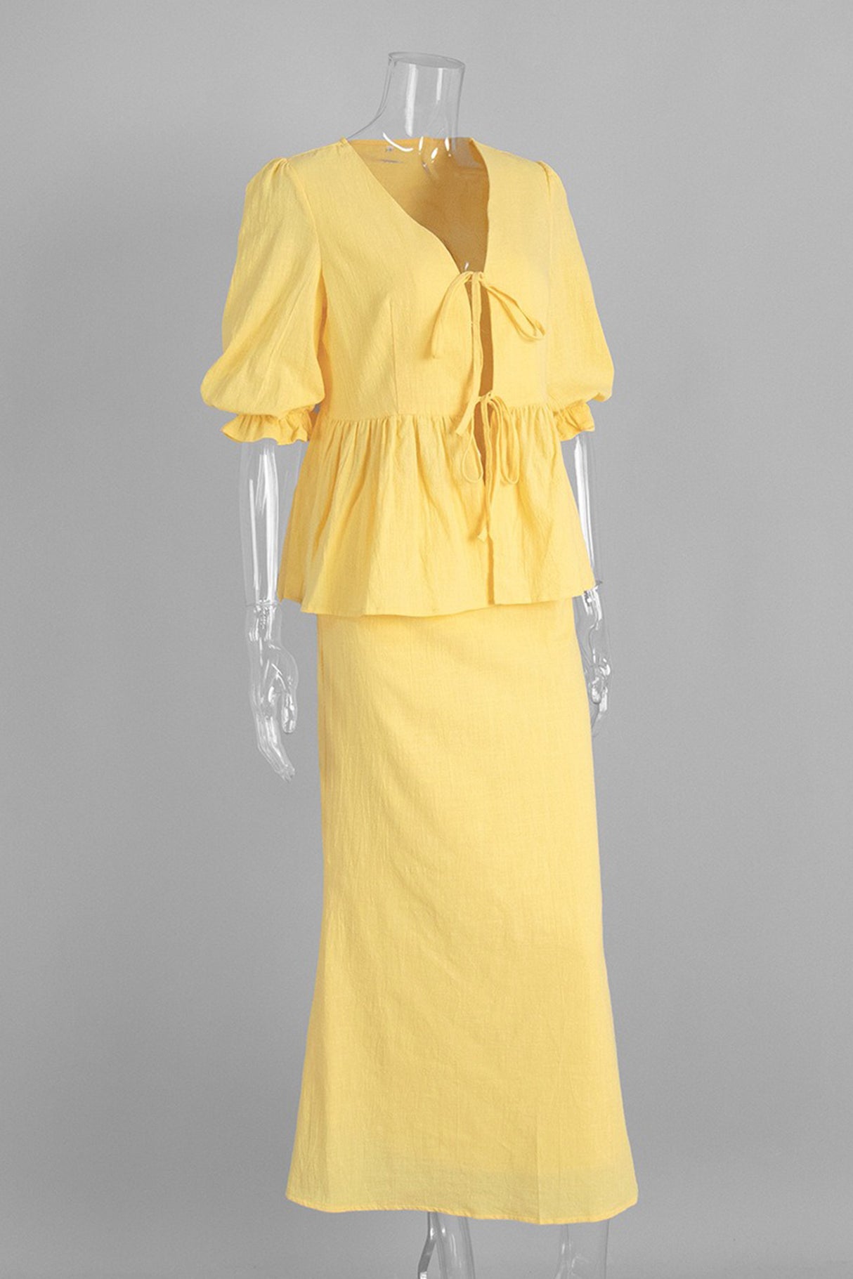 Puff Sleeve Tie-up Ruffle Cotton Shirt Skirt Set