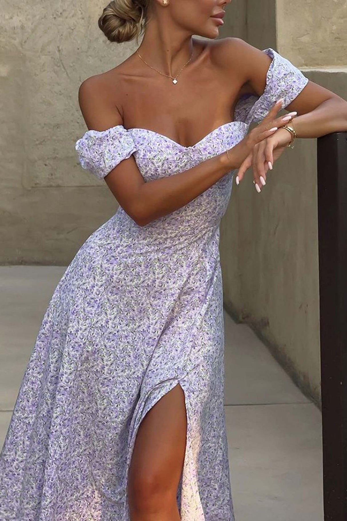 Floral Puff Sleeve Tie-back Slit Dress