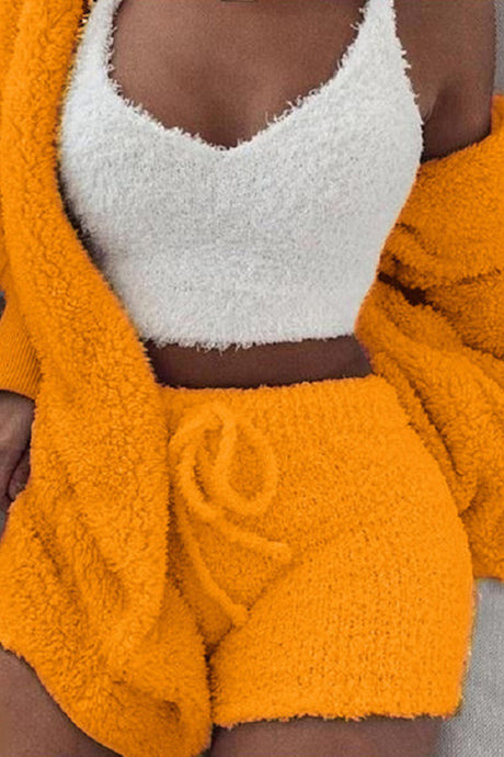 Plush Open-Front Hoodie Vest Three Piece Shorts Set
