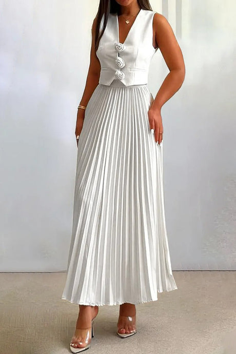 3D Floral Vest Pleated Maxi Skirt Set