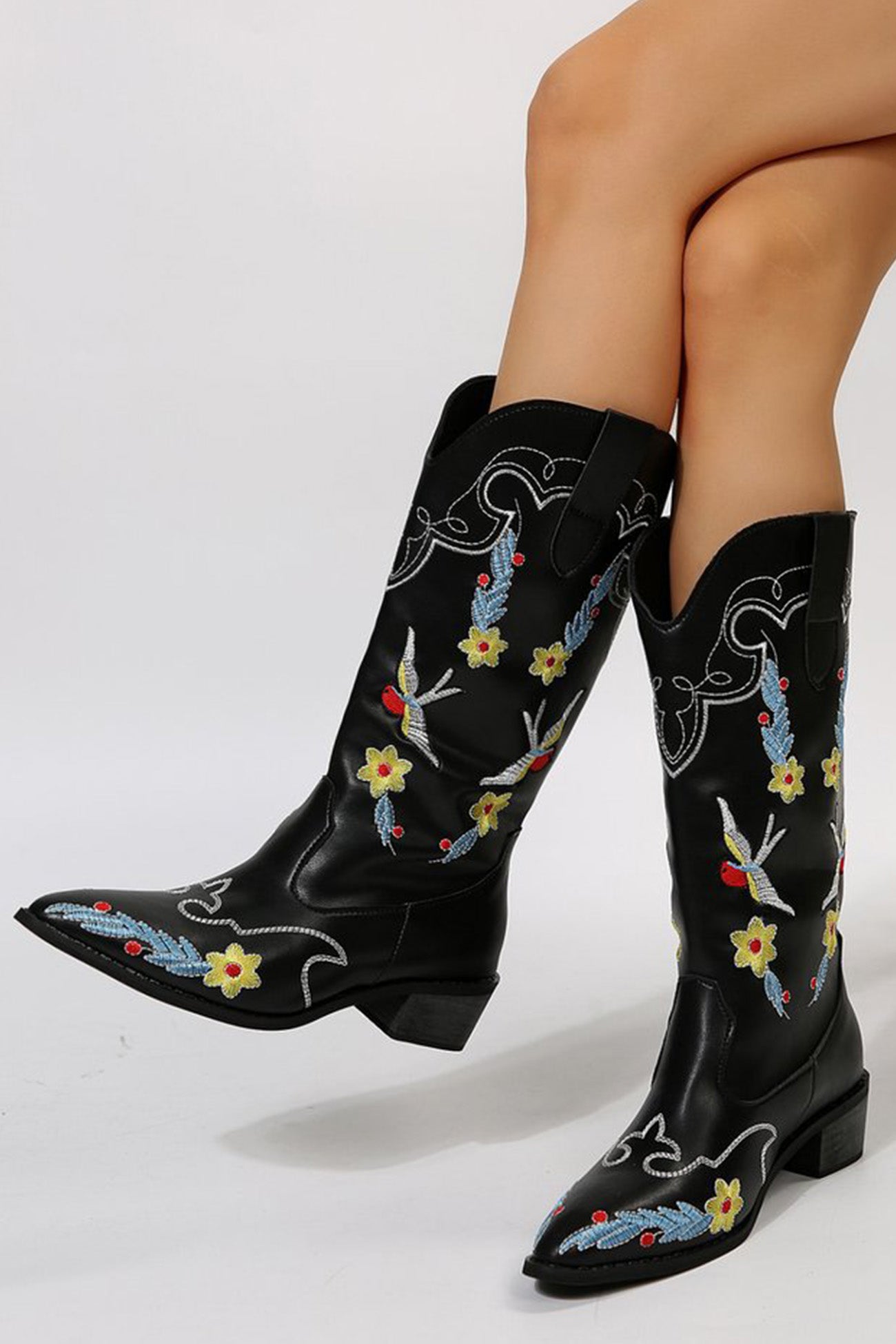 Floral Embroidery Square Toe Knee High Boots