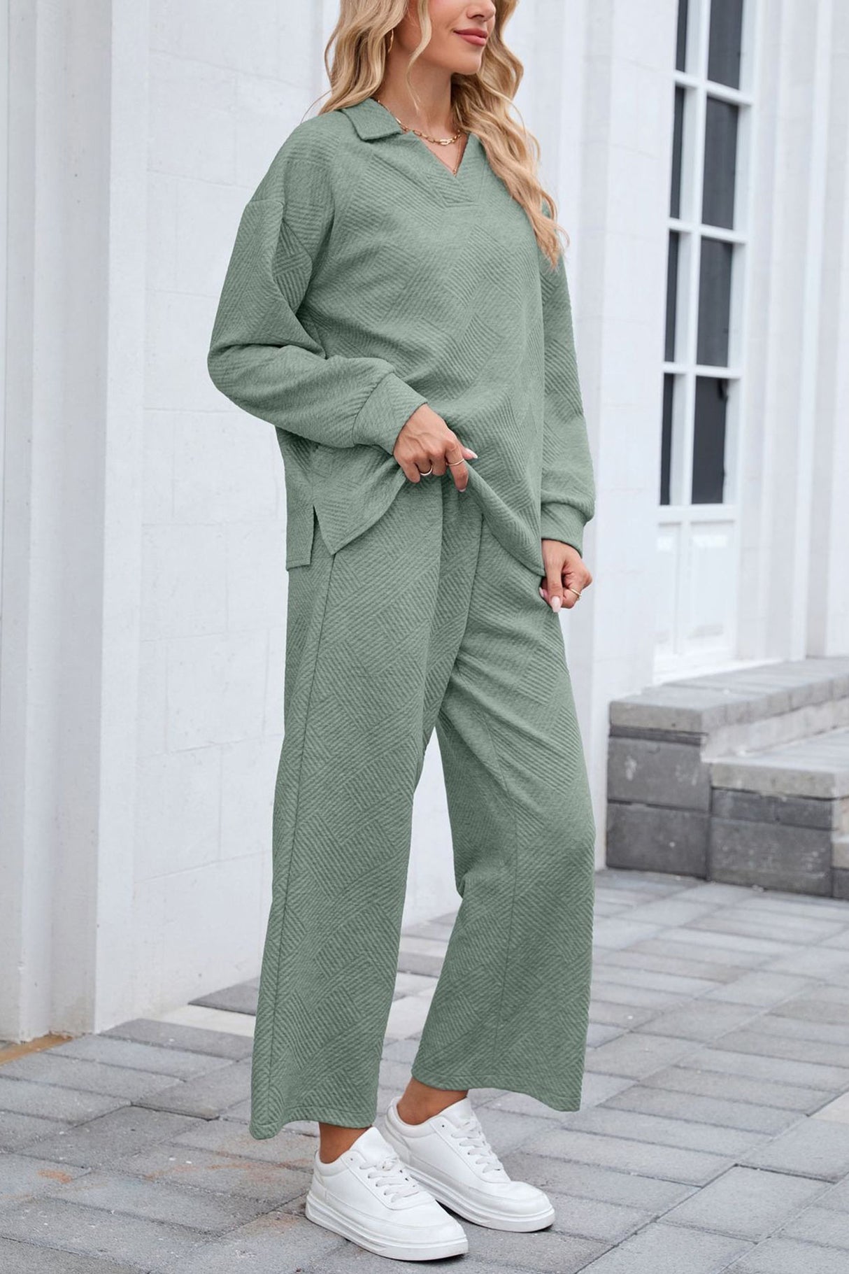 Lapel Long Sleeve Textured Sweashirt Set