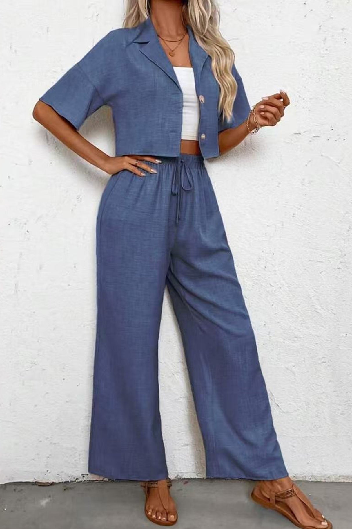 Button-down Crop Shirt Long Pants Set