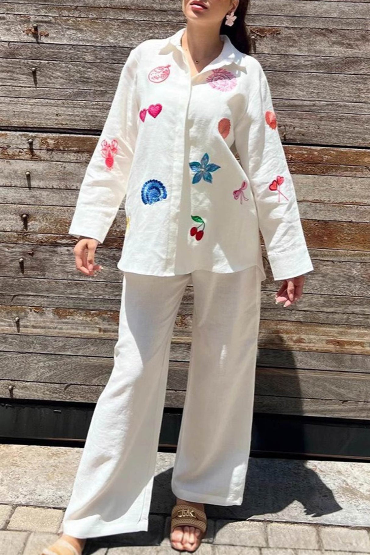 Embroidery Long Sleeve Two-piece Blouse Set