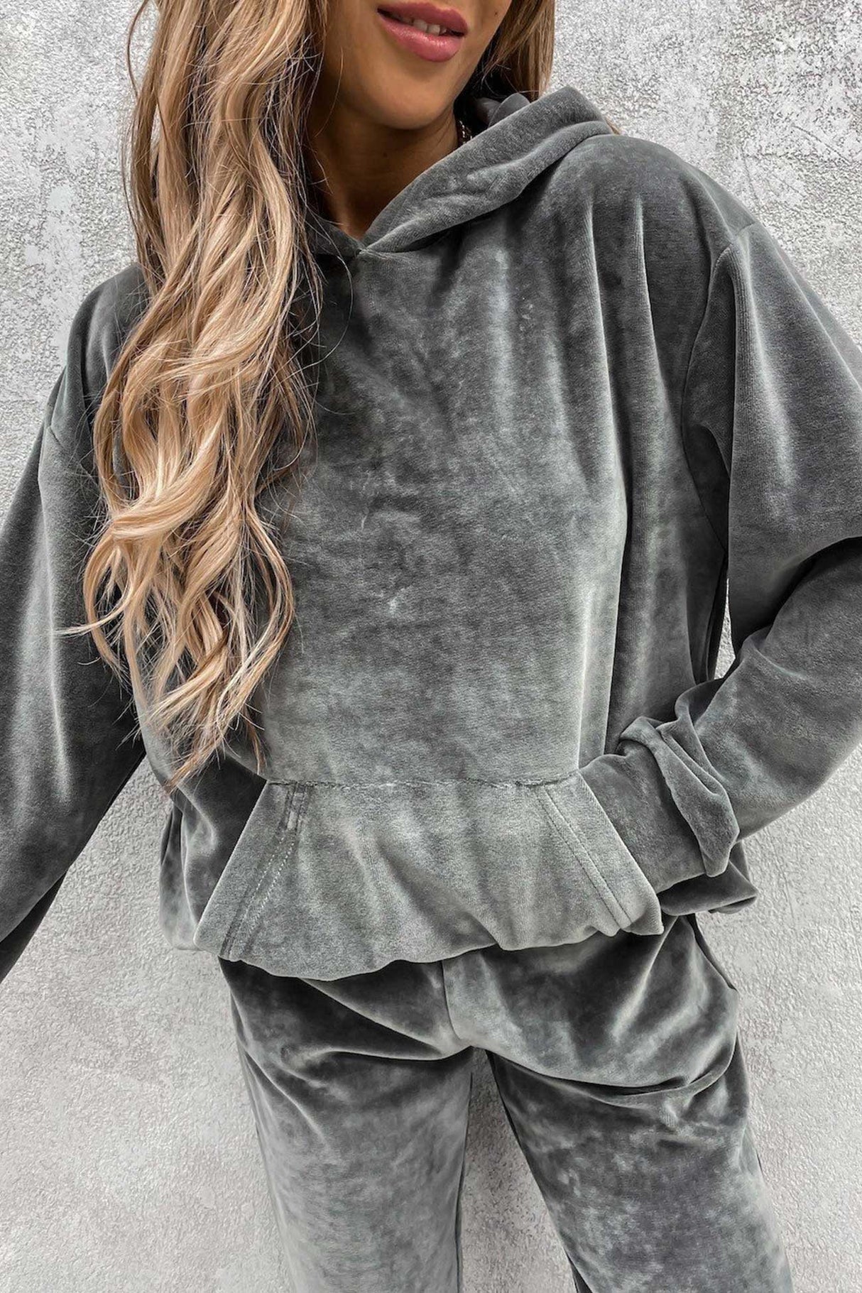 Velour Solid Color Hoodie Long Pants Set