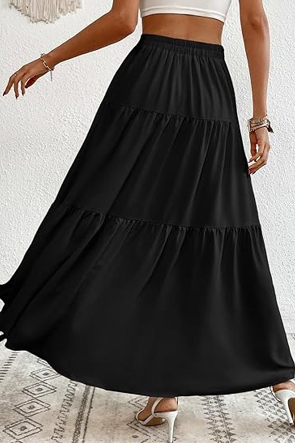 Single-breasted Solid Color Tiered Maxi Skirt