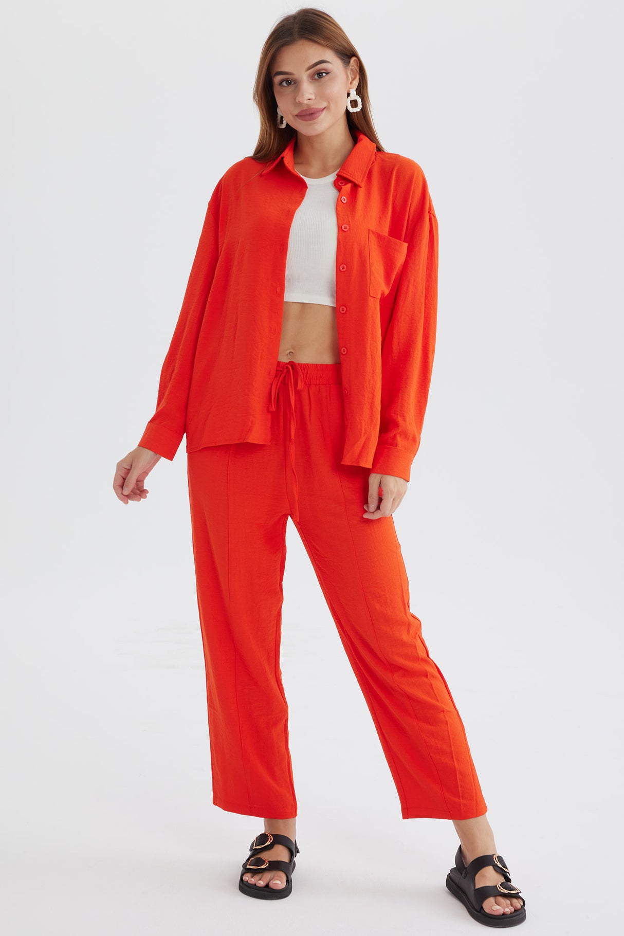 Long Sleeve Solid Color Shirt Long Pants Set