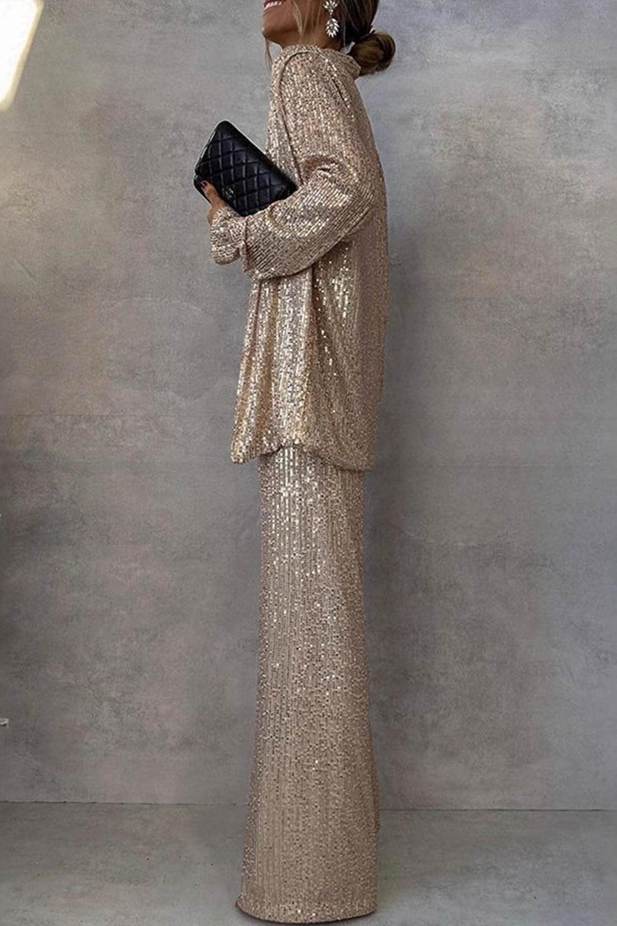 Arolora Sequin Long Sleeve Blazer Flare Long Pants Set