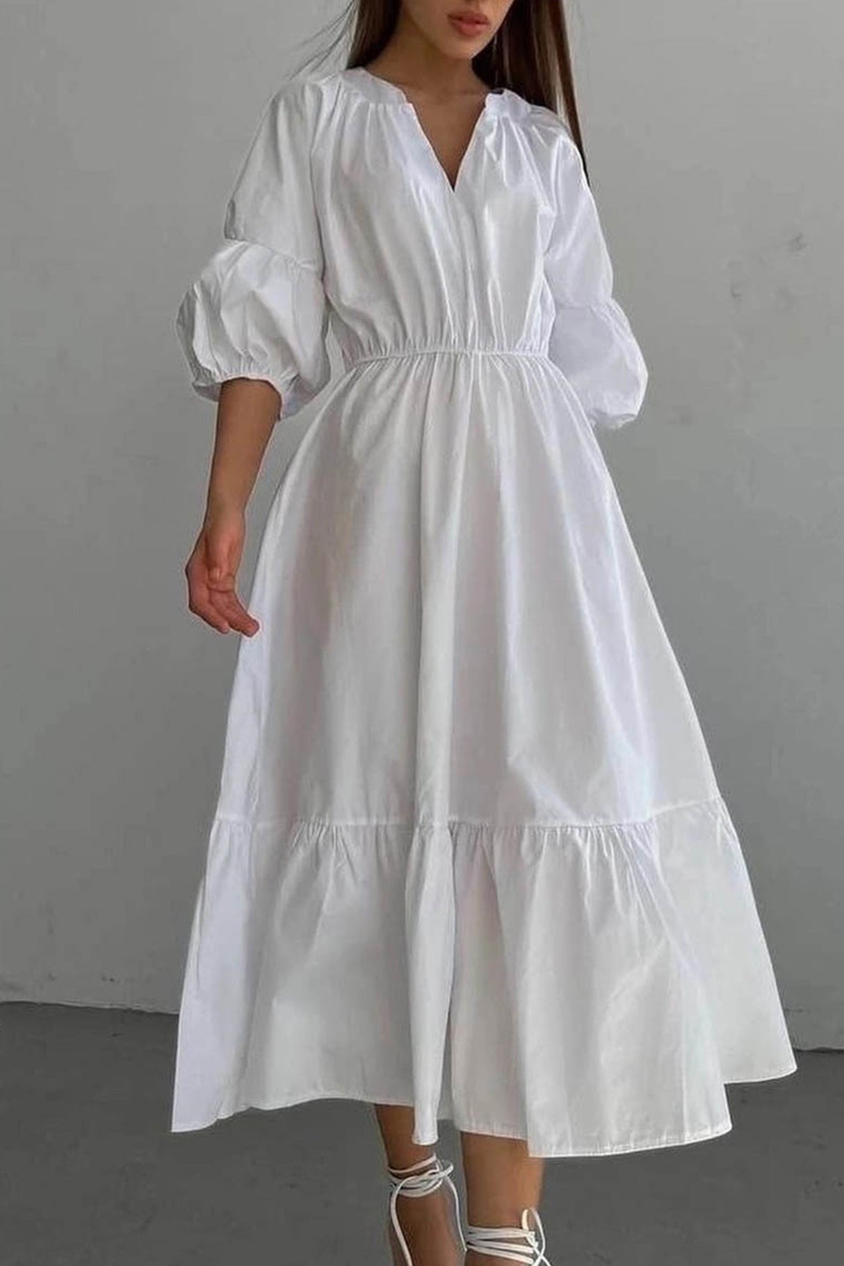 Arolora Half Sleeve V Neck High Waist Midi Dress