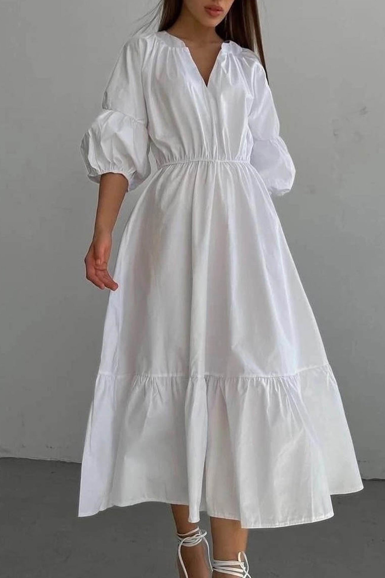 Arolora Half Sleeve V Neck High Waist Midi Dress