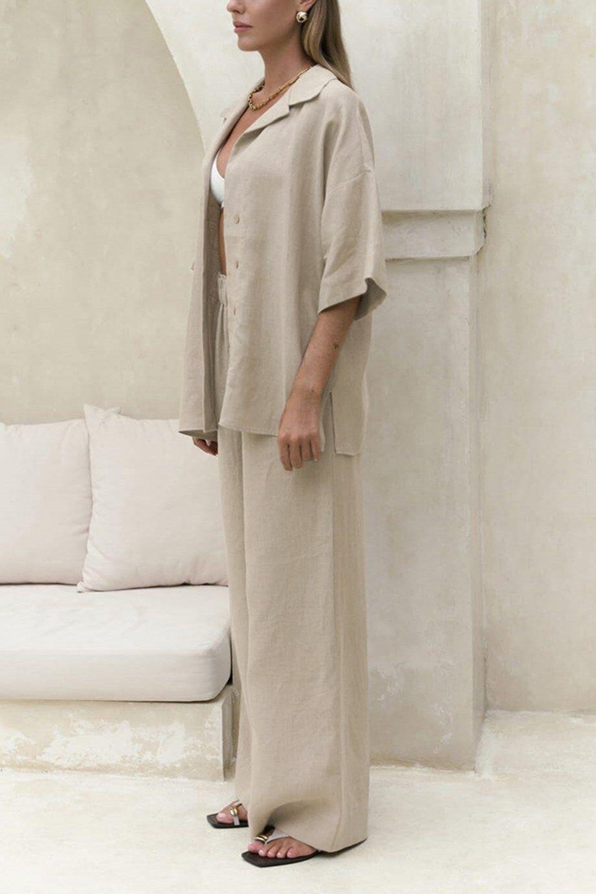 Arolora Solid Color Cotton Half Sleeve Blouse Pants Set