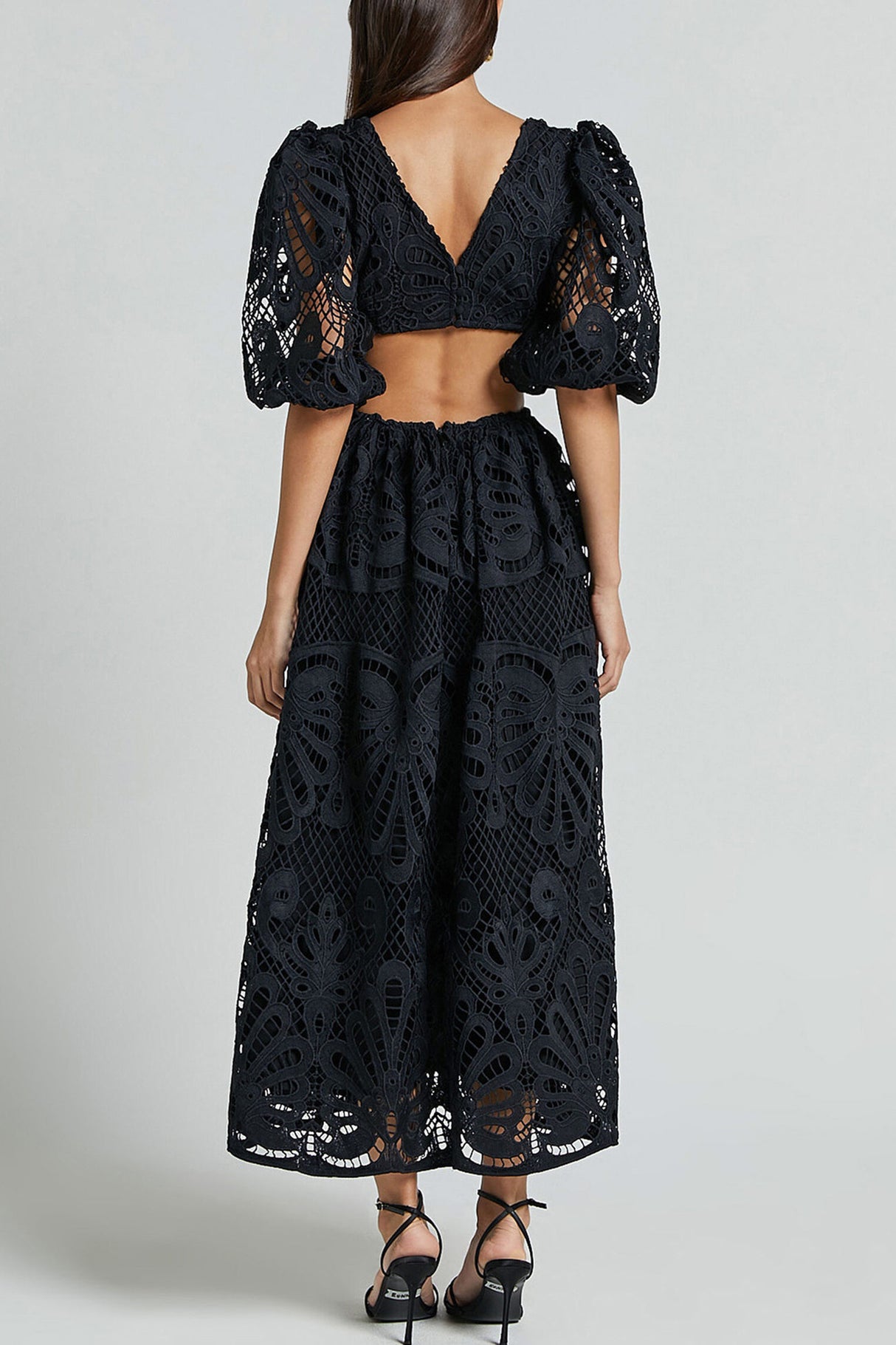 Arolora V-neck Lace Embroidery Hollow Waist Dress
