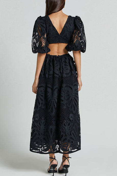 Arolora V-neck Lace Embroidery Hollow Waist Dress