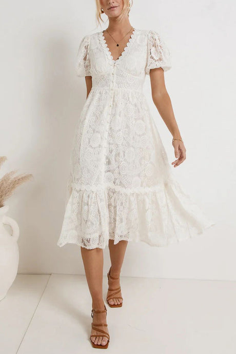 Arolora Lace Single-breasted Midi Dress