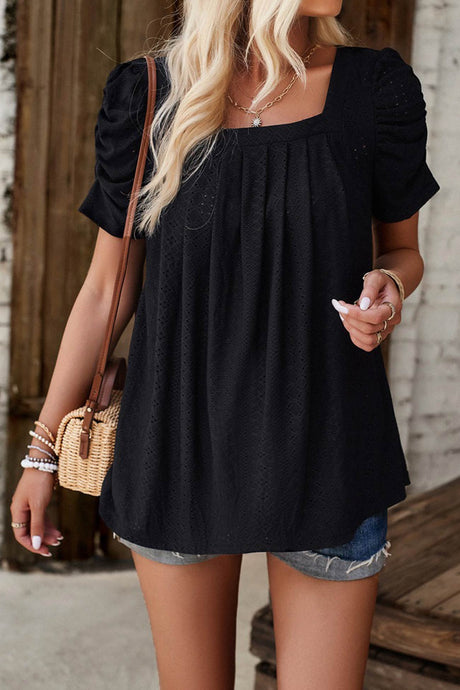 Arolora Square Neck Puff Sleeve Hollow Out Blouse