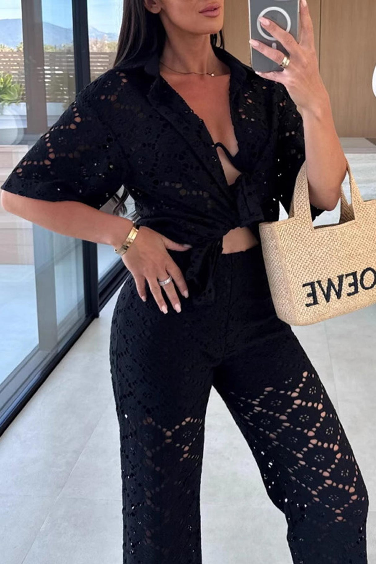 Arolora Lace Lapel Blouse Two-piece Set