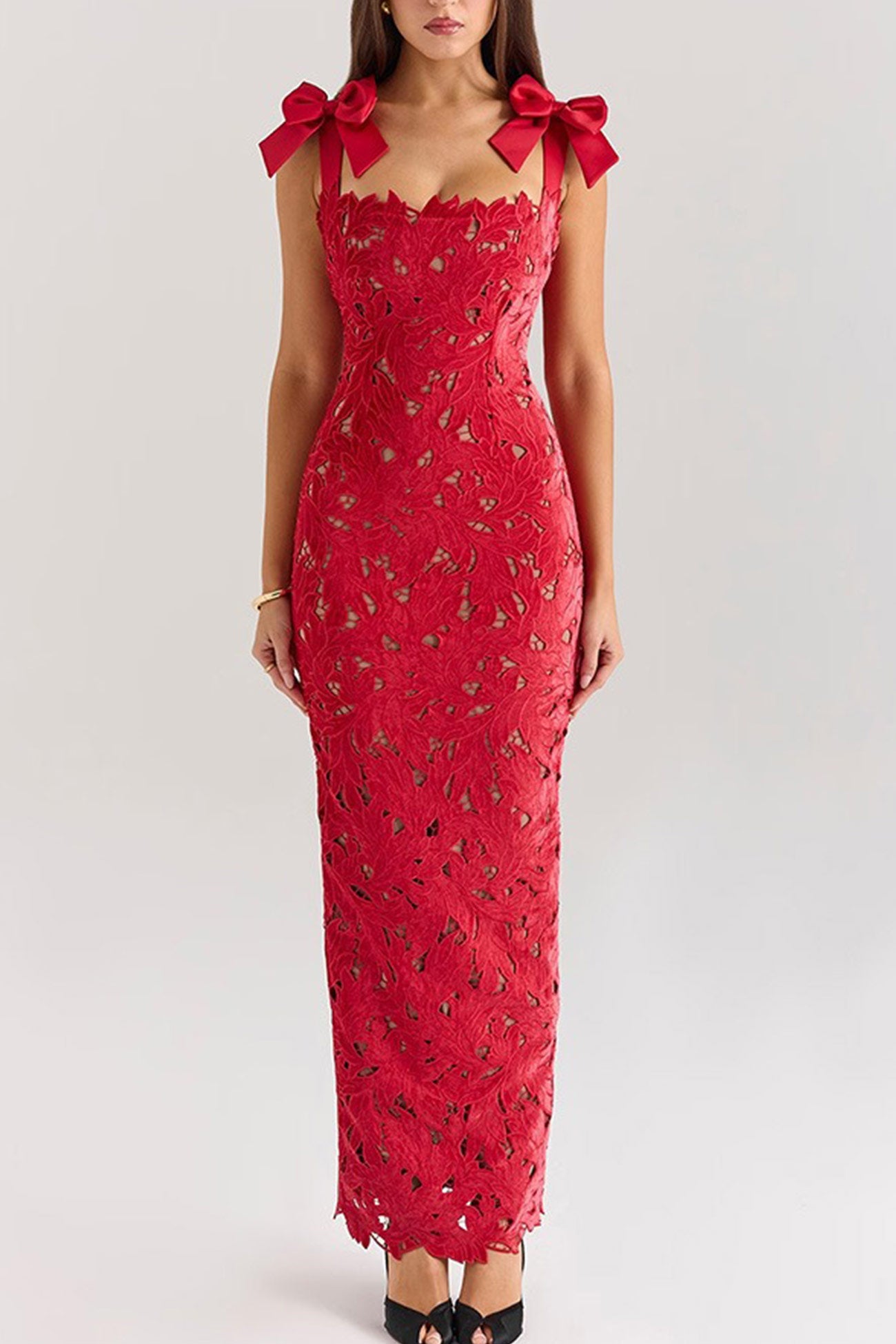 Arolora Bow Straps Hollow Out Maxi Dress
