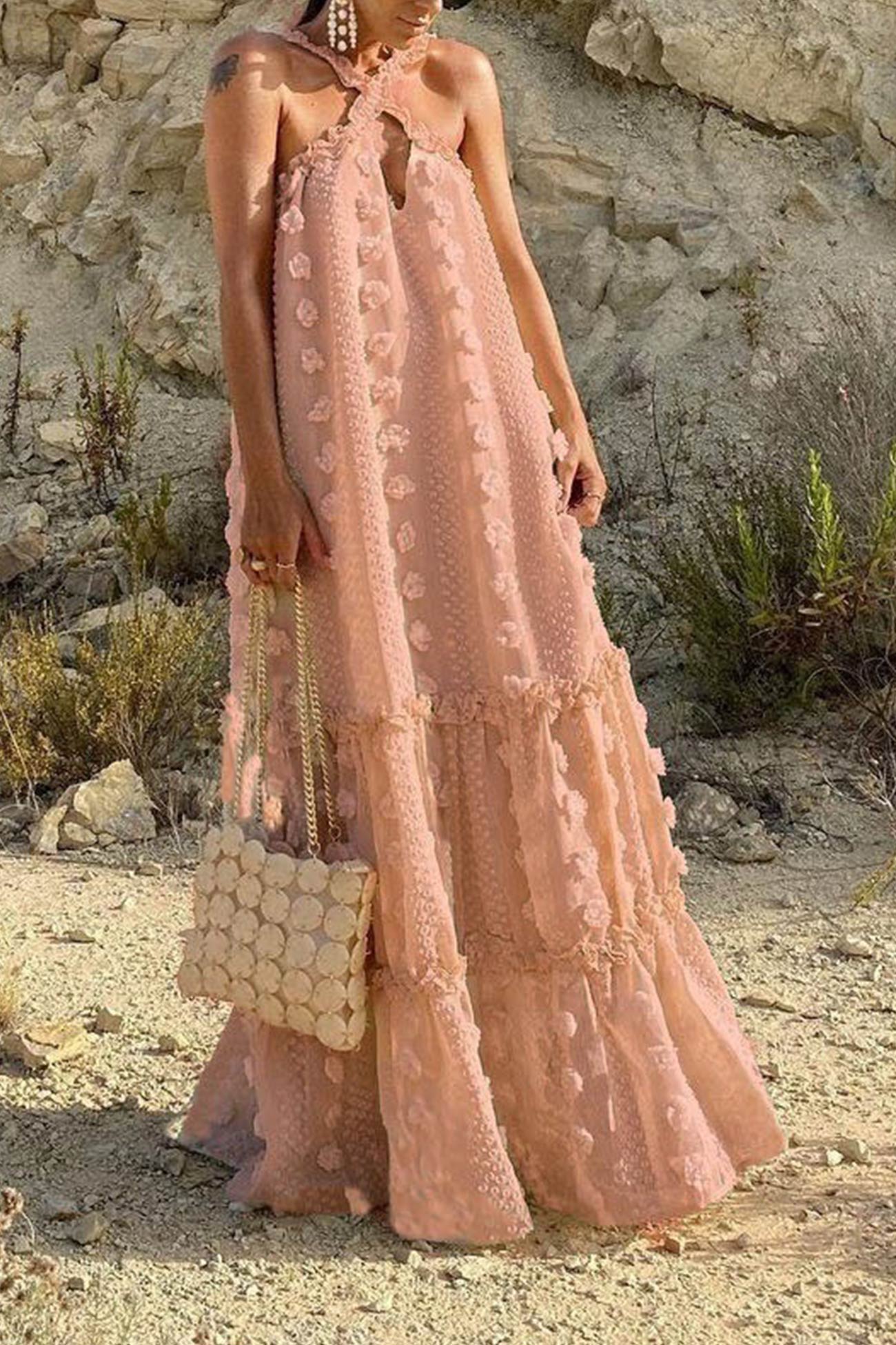 Arolora 3D Floral Criss-cross Halterneck Maxi Dress