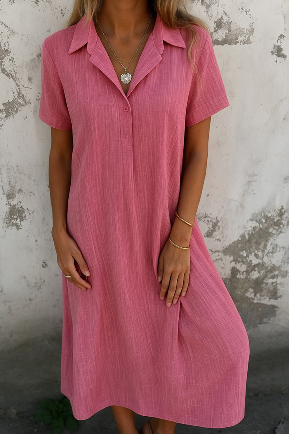 Arolora V-Neck Solid Color Short-Sleeve Shirt Dress