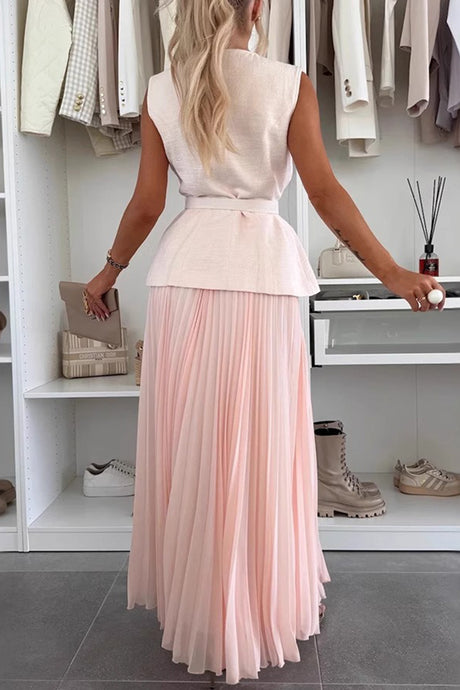 Arolora Button-down Tank Top Mesh Pleated Skirt Set