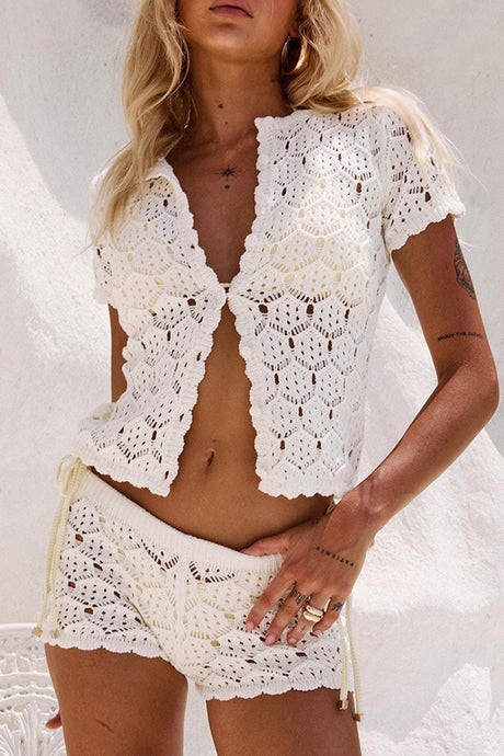 Arolora Hollow-out Jacquard Blouse Cover-up Set