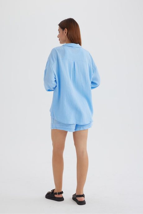 Arolora Long Sleeve Solid Color Shirt Shorts Set