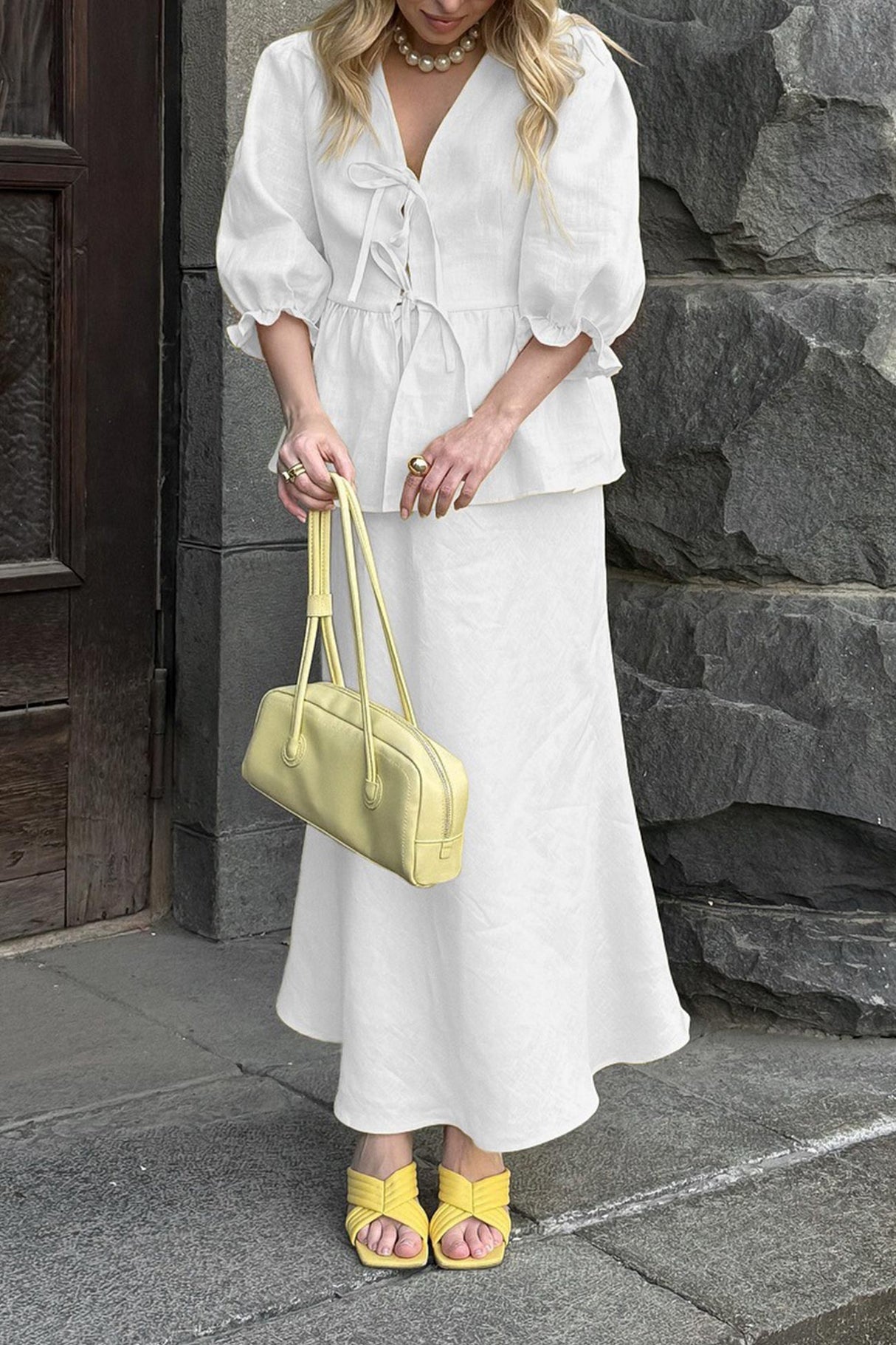 Puff Sleeve Tie-up Ruffle Cotton Shirt Skirt Set