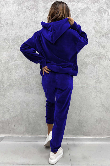 Velour Solid Color Hoodie Long Pants Set
