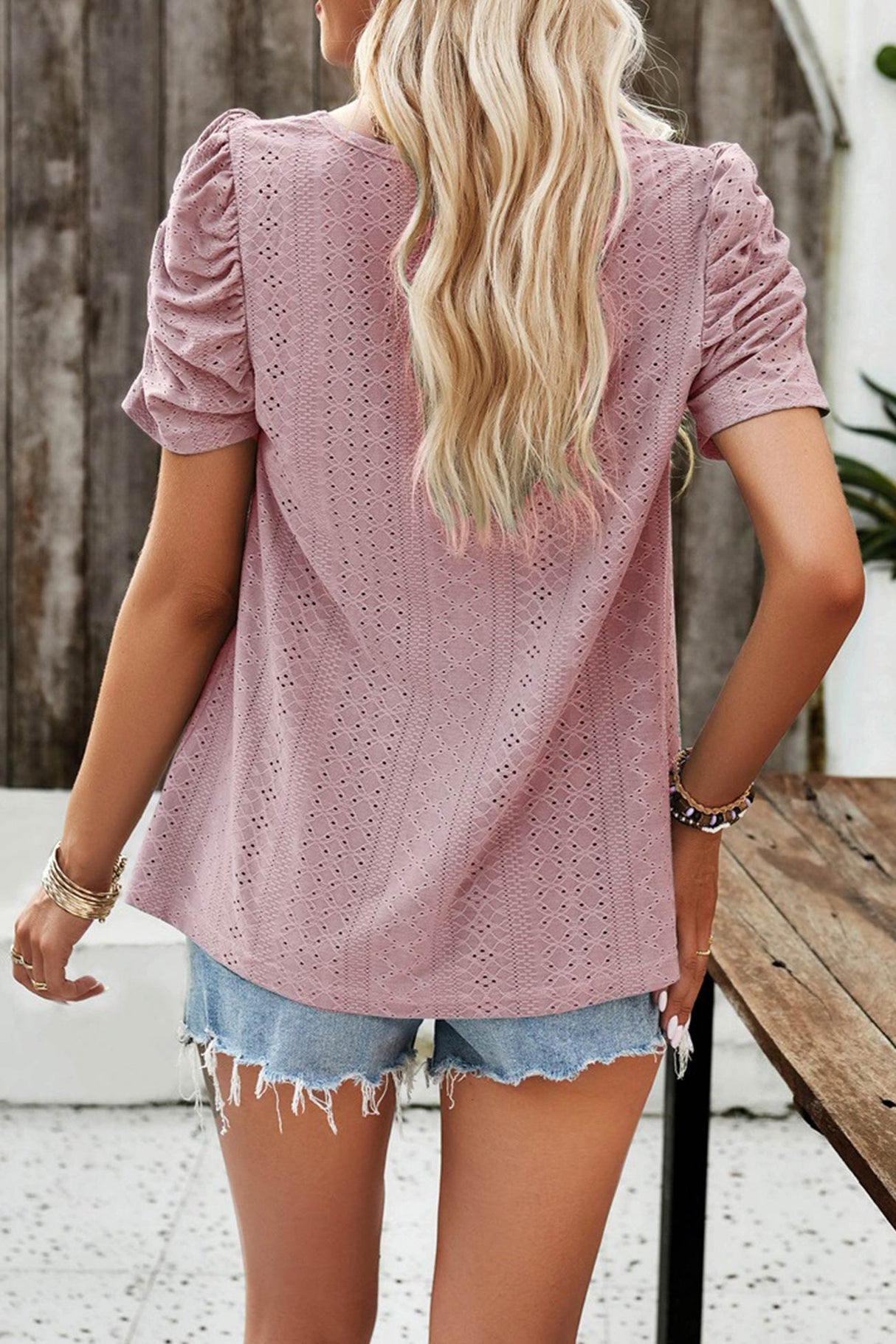 Arolora Square Neck Puff Sleeve Hollow Out Blouse