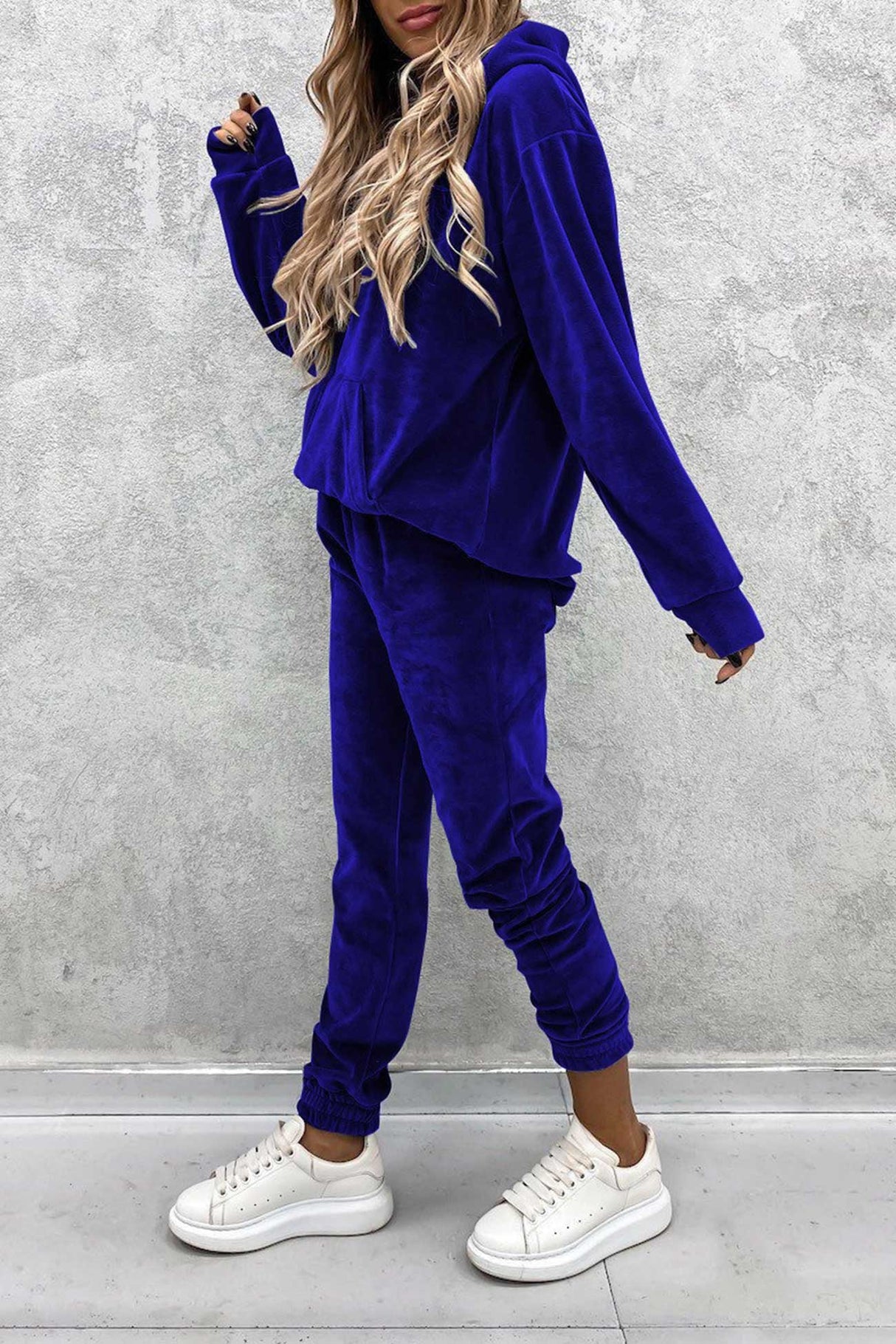 Velour Solid Color Hoodie Long Pants Set