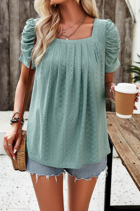 Arolora Square Neck Puff Sleeve Hollow Out Blouse