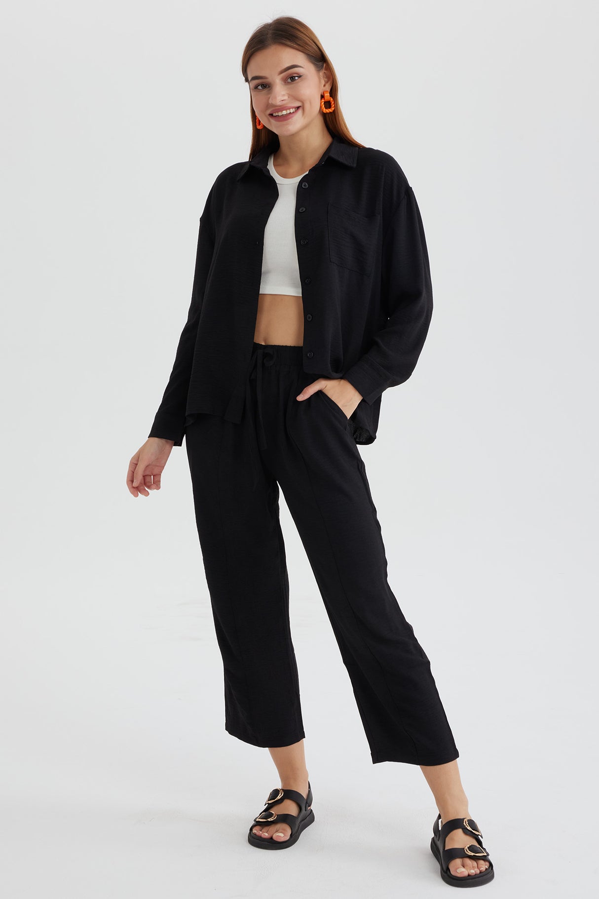 Long Sleeve Solid Color Shirt Long Pants Set