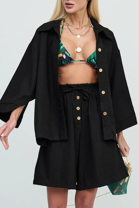 Solid Color Shirt Single-breasted Bermuda Shorts Set