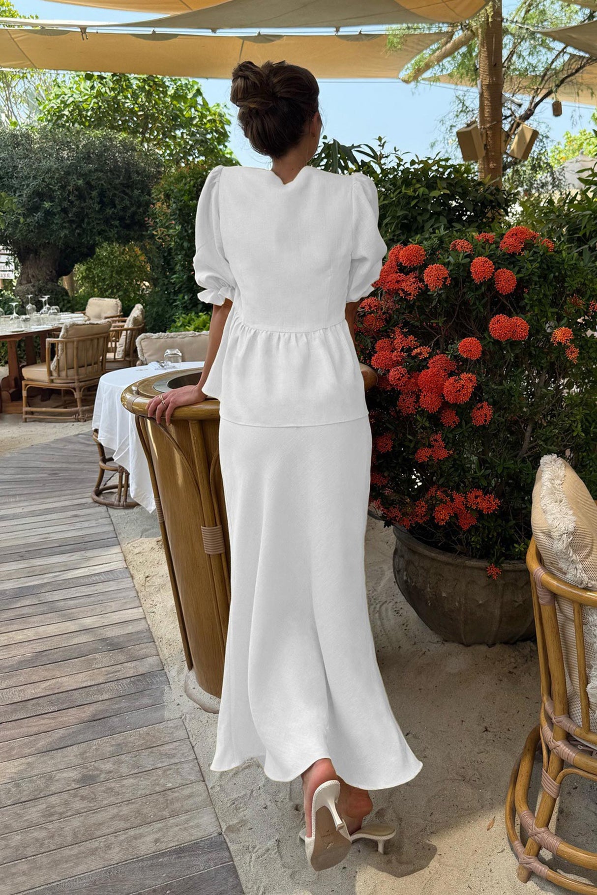 Puff Sleeve Tie-up Ruffle Cotton Shirt Skirt Set