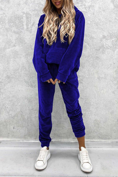 Velour Solid Color Hoodie Long Pants Set