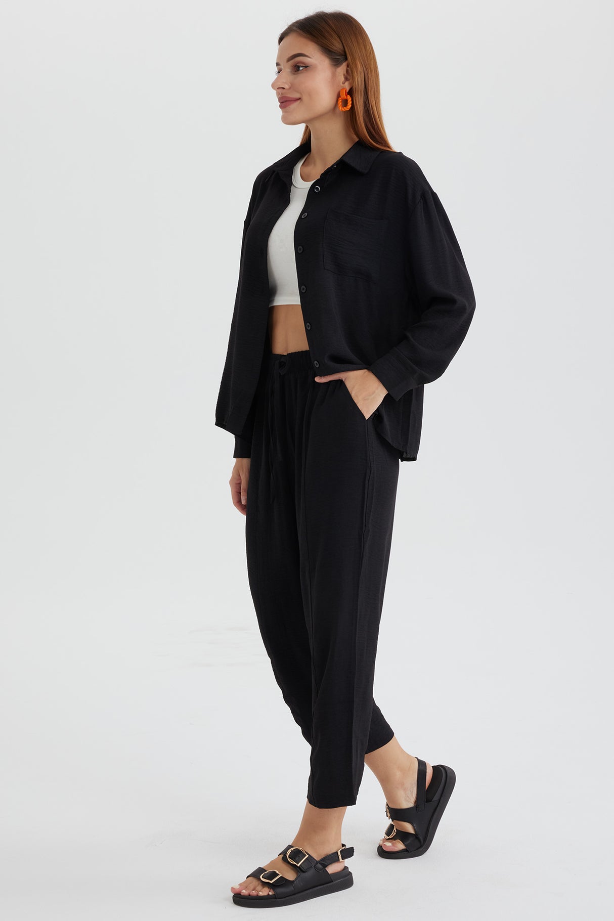 Long Sleeve Solid Color Shirt Long Pants Set