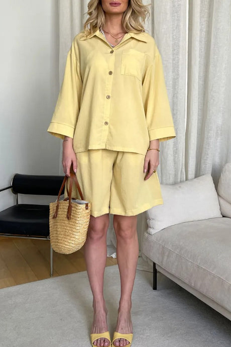 Solid Color Shirt Single-breasted Bermuda Shorts Set