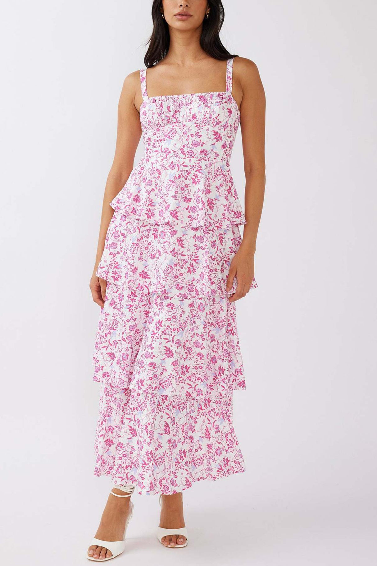 Arolora Floral Print Tie-up Tiered Midi Dress