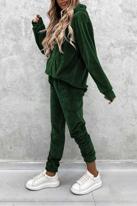 Velour Solid Color Hoodie Long Pants Set