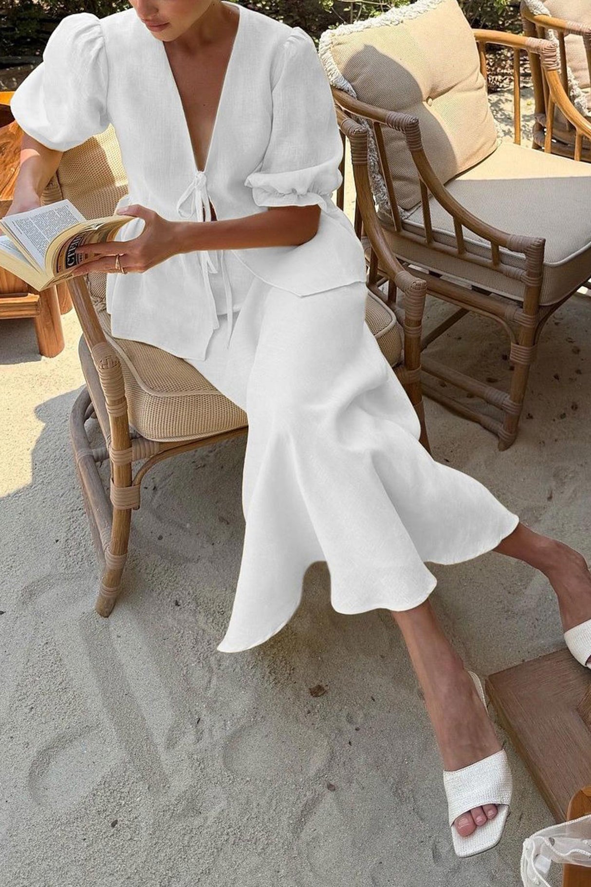 Puff Sleeve Tie-up Ruffle Cotton Shirt Skirt Set