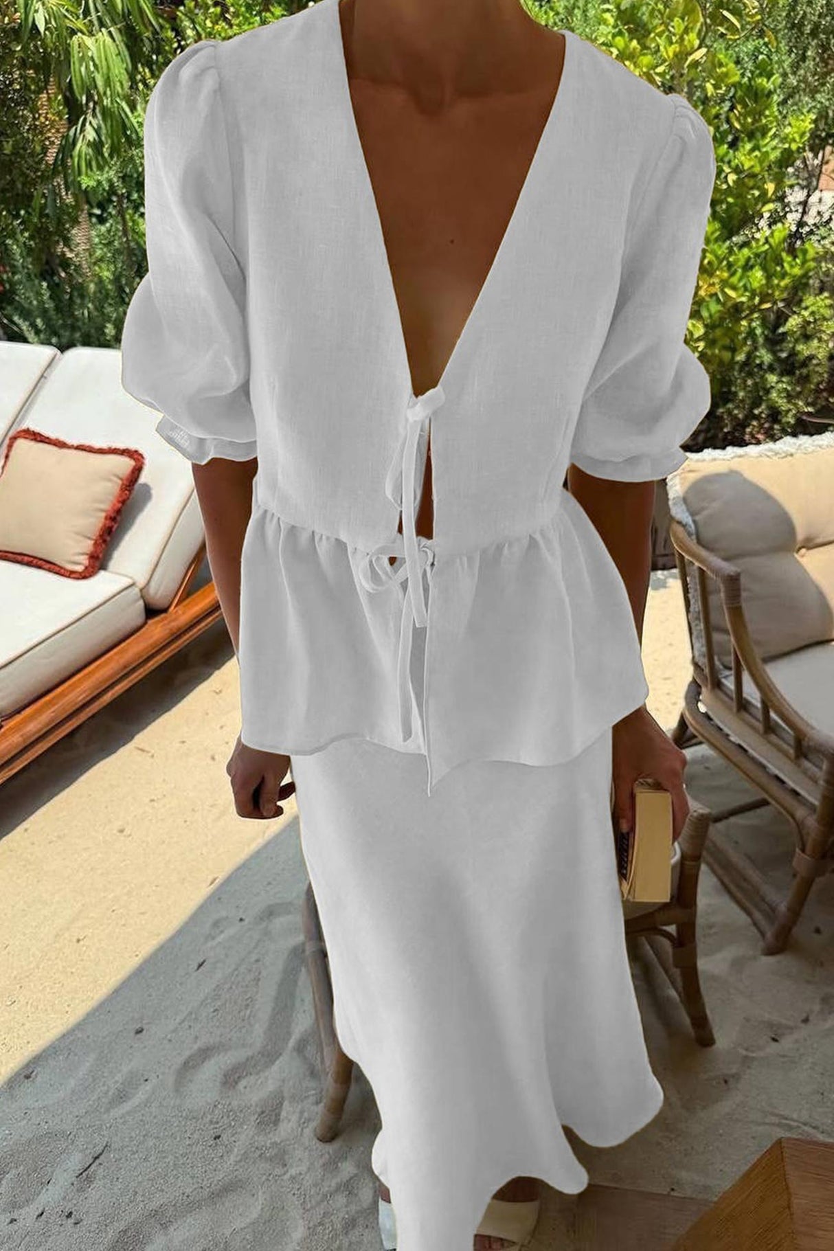 Puff Sleeve Tie-up Ruffle Cotton Shirt Skirt Set