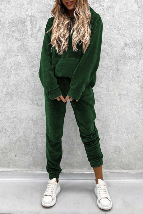 Velour Solid Color Hoodie Long Pants Set