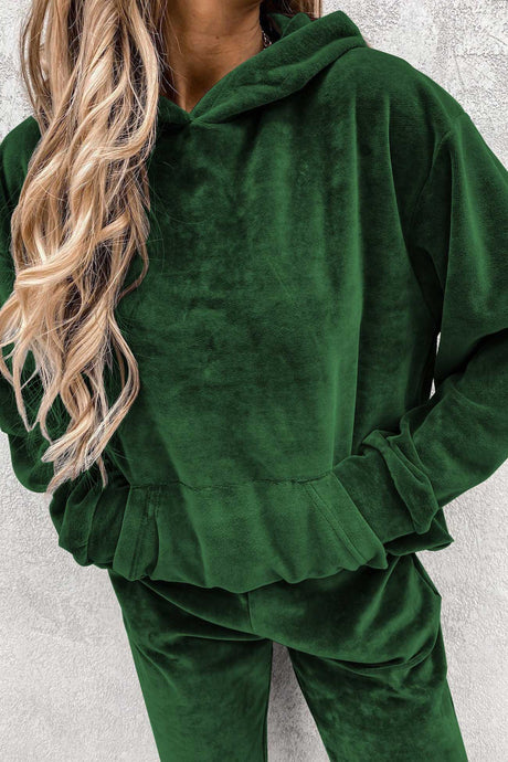 Velour Solid Color Hoodie Long Pants Set