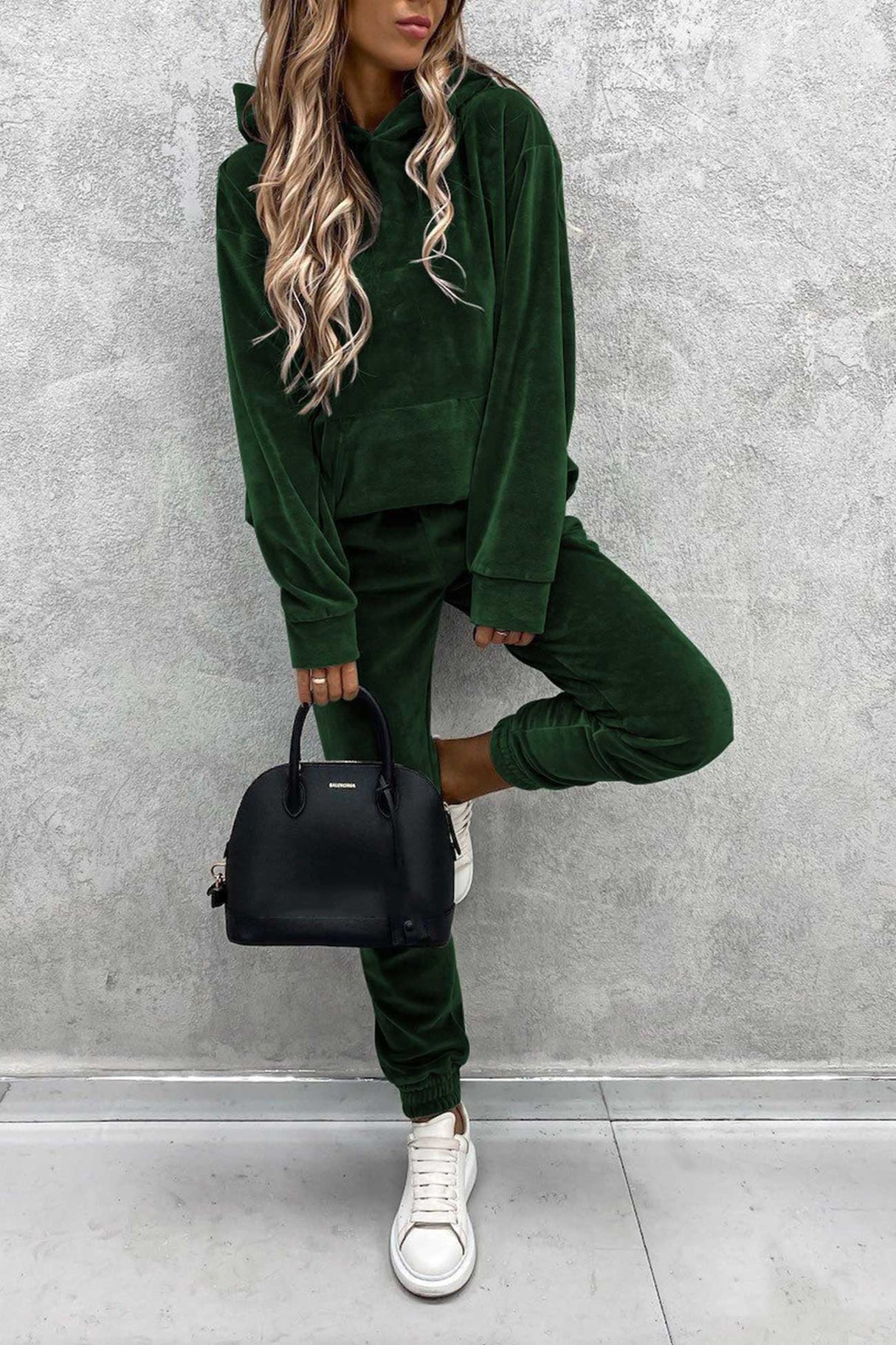 Velour Solid Color Hoodie Long Pants Set